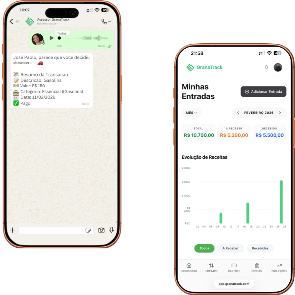 Mockup detalhado do assistente GranaTrack funcionando no WhatsApp