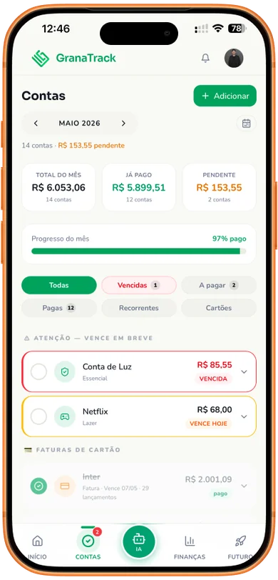 Aba Contas do GranaTrack com vencimentos e alertas