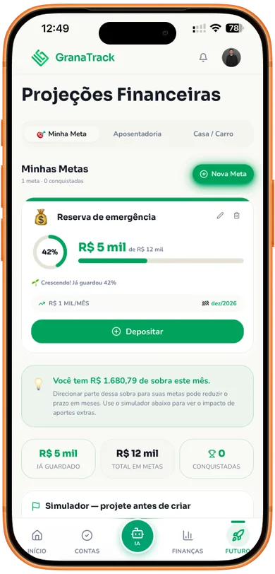 Aba Futuro do GranaTrack com simulador de metas e aposentadoria
