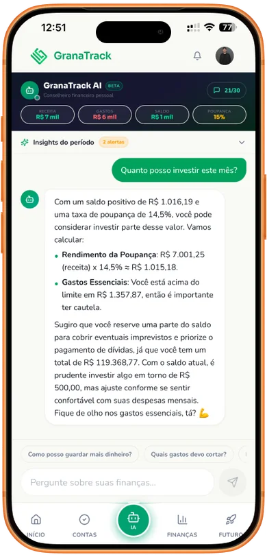 Aba GranaTrack AI com conselheiro financeiro pessoal