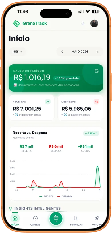Tela Início do GranaTrack com saldo e saúde financeira