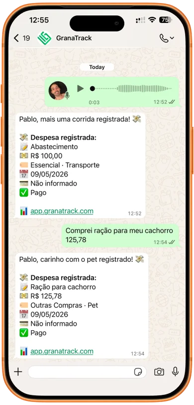 Lançamento de gastos pelo WhatsApp com áudio e mensagem